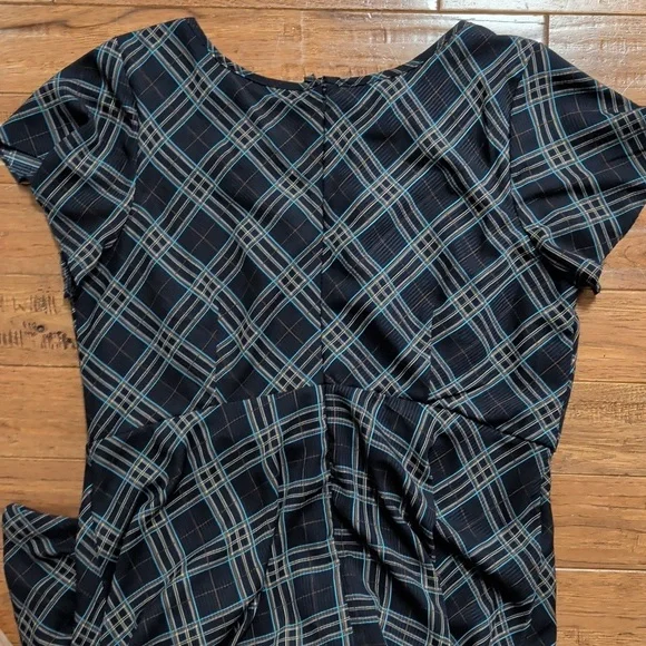 Unique Vintage Keyhole Front Tie Blue Plaid Midi Dress - Picture 6 of 7